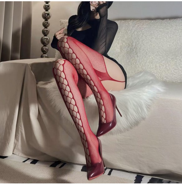 FEE ET MOI - Sexy Mesh Hollow Suspender Stockings (Burgundy) FEE ET MOI - Sexy Mesh Hollow Suspender Stockings (Burgundy)